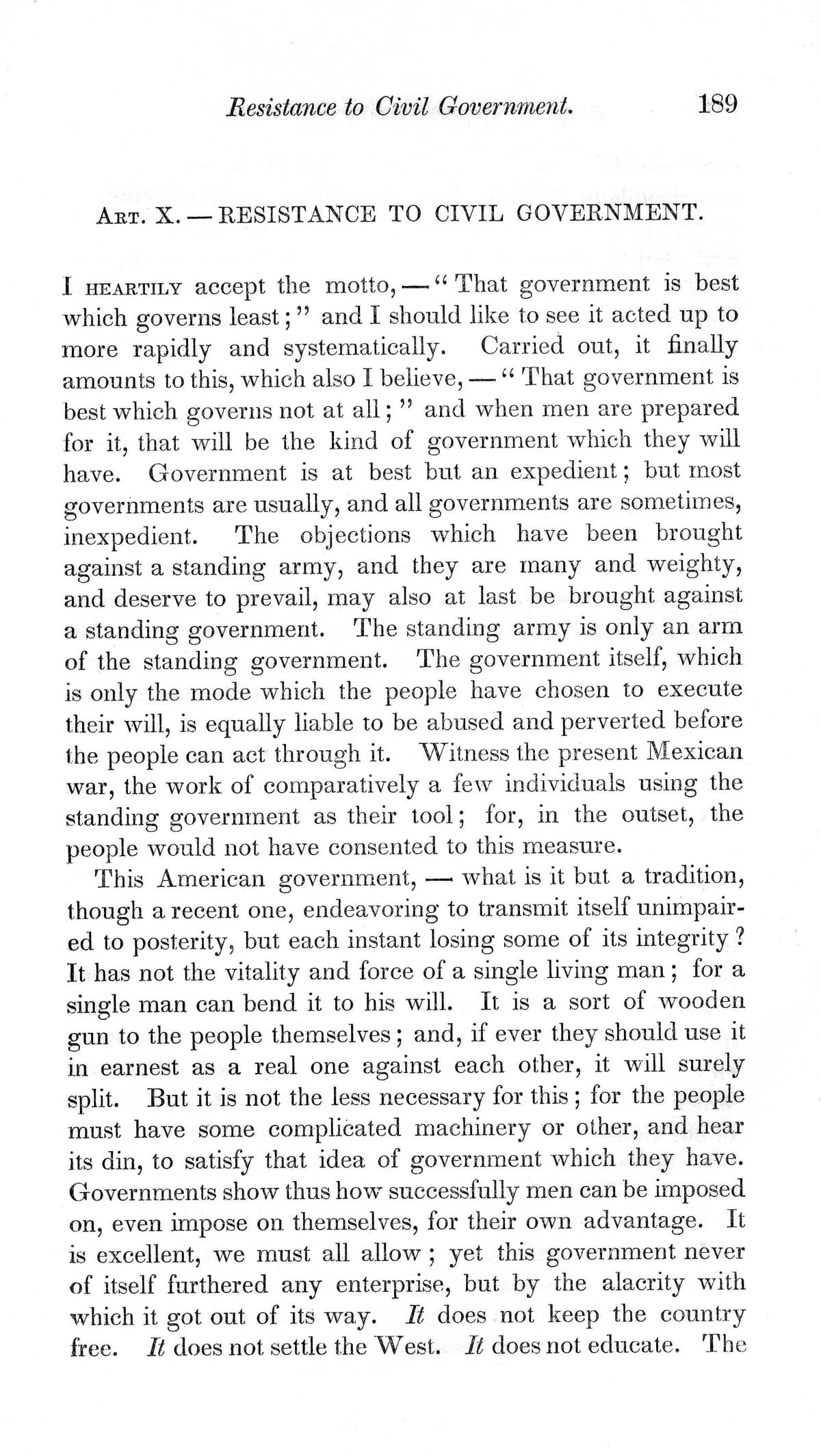 Primera página impresa del ensayo de Thoreau «Resistance to Civil Government», de 1849.
