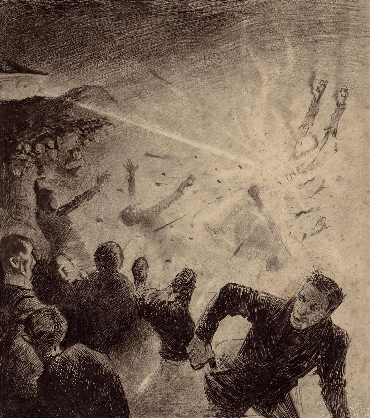 Ataque marciano con el rayo calorífico en una ilustración de 1906 para La guerra de los mundos.
