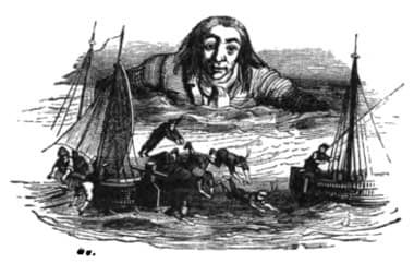 Gulliver caminando por el canal mientras remolca la flota de Blefuscu.