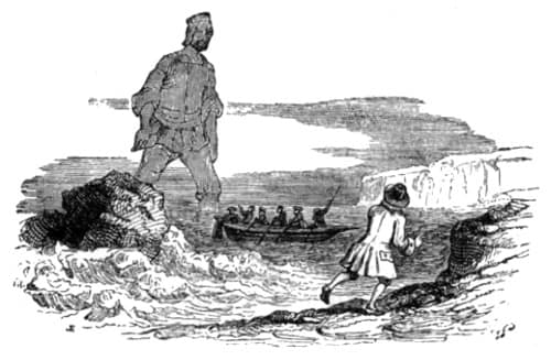 Gulliver caminando entre tallos gigantes de cebada en Brobdingnag.