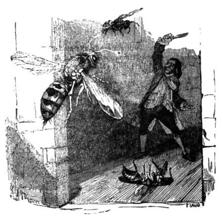 Gulliver defendiéndose con su espada de varias avispas gigantes.
