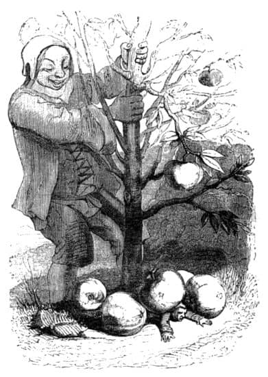 Una manzana enorme cayendo sobre Gulliver en el jardín de Brobdingnag.