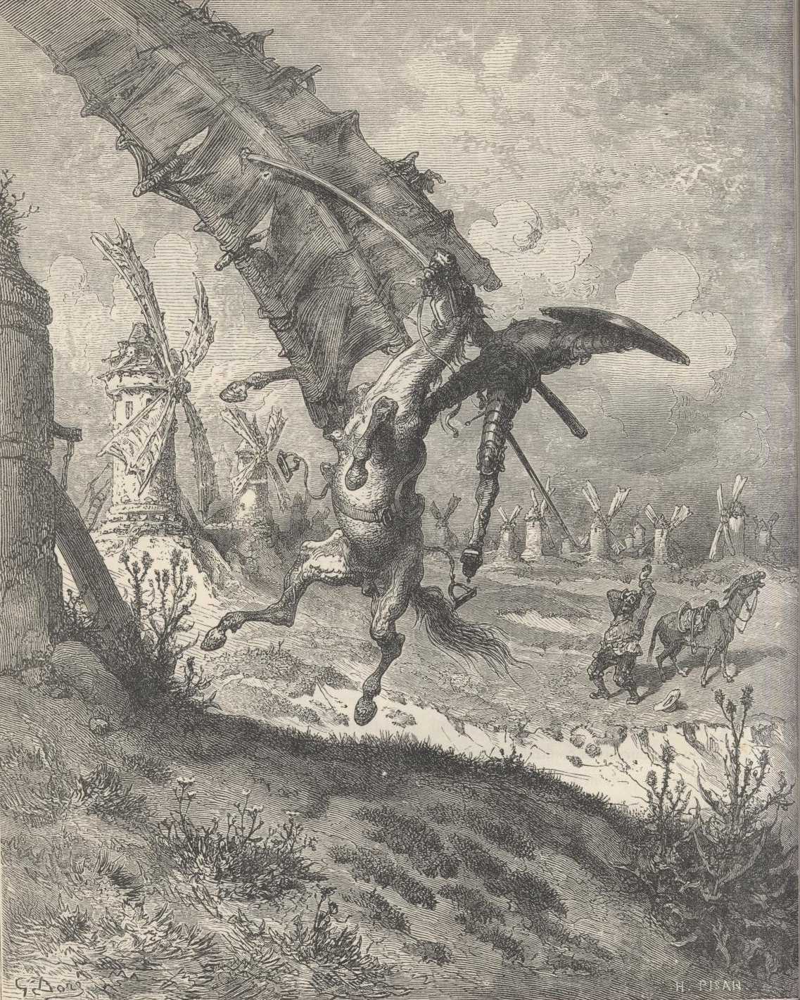 Sancho se acerca a Don Quijote caído después del golpe de los molinos.