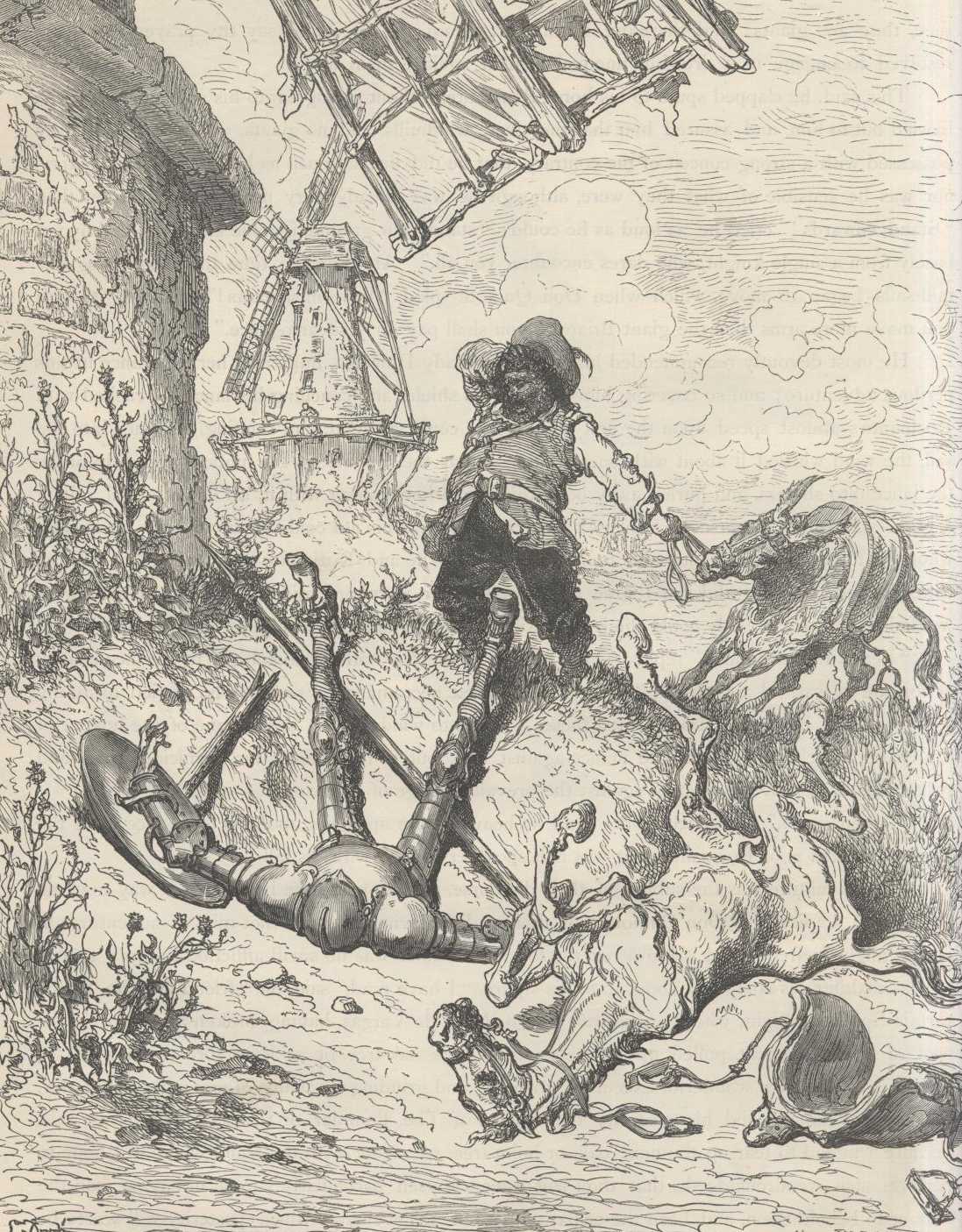 Sancho ayuda a Don Quijote a volver al camino después de la aventura de los molinos.