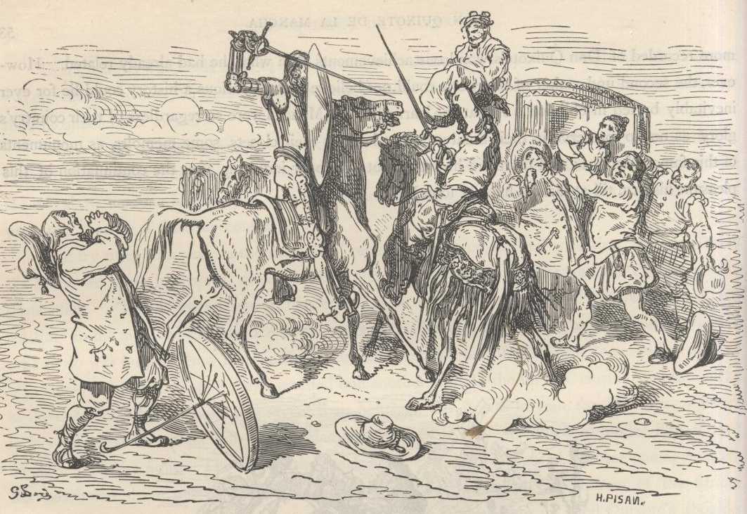 Don Quijote combate con el vizcaíno, que se protege con una almohada junto al coche.