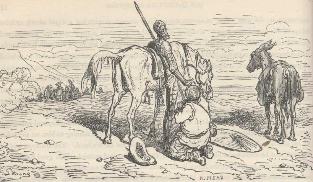 Sancho Panza arrodillado ante Don Quijote después del combate con el vizcaíno.