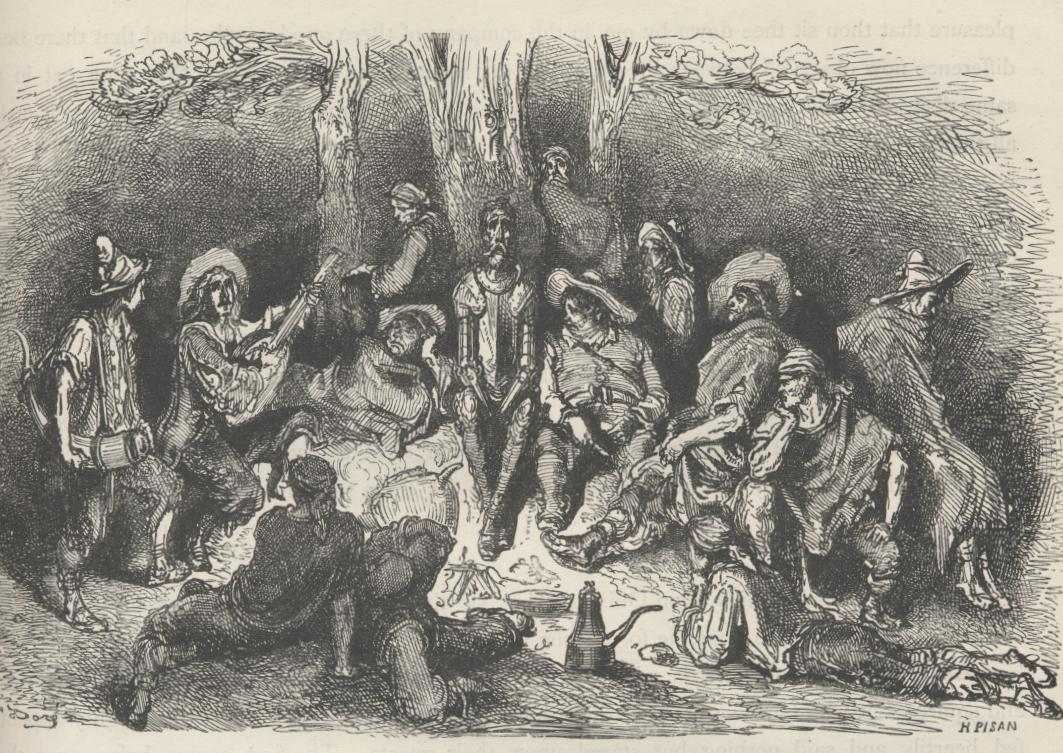 Don Quijote sentado con los cabreros y Sancho en torno a la comida rústica.