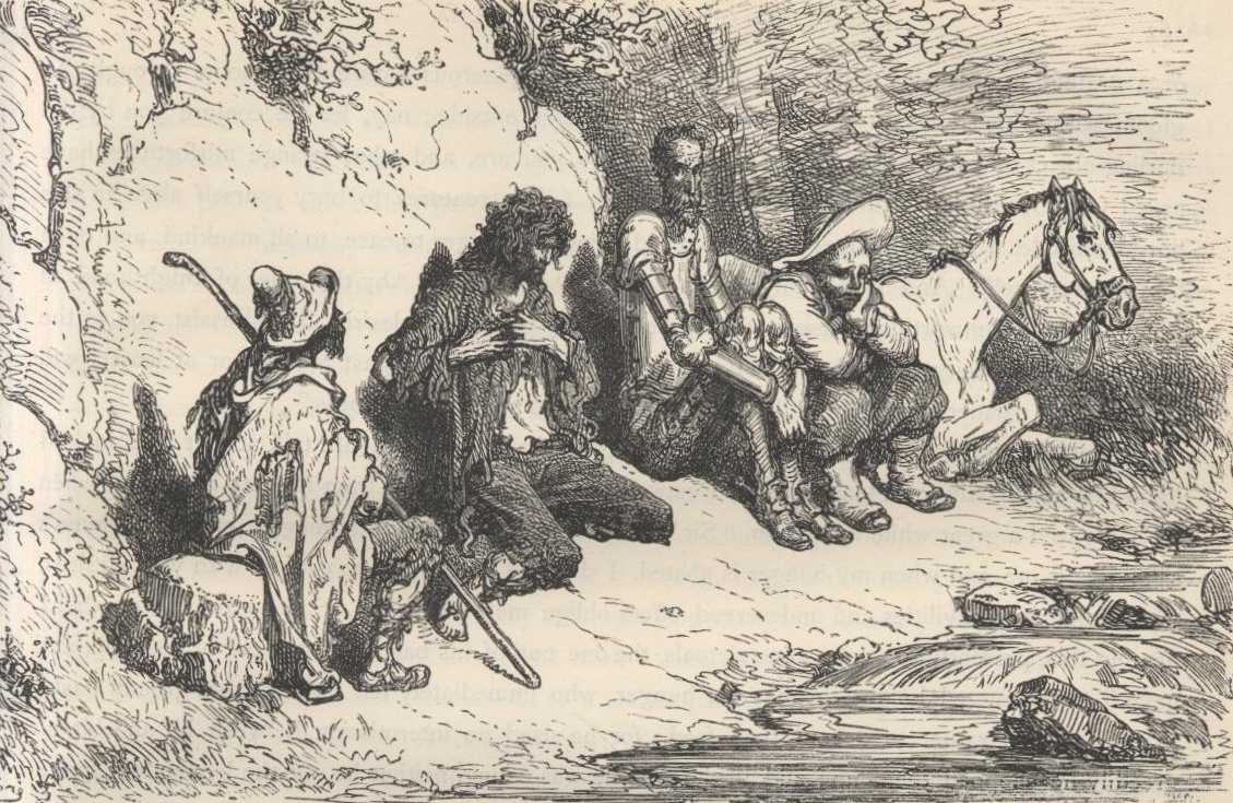 Cardenio, Don Quijote, Sancho y el cabrero escuchan la historia en la Sierra Morena.