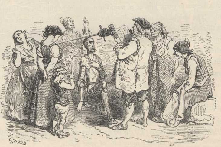 Ilustración de Don Quijote durante la escena de su ceremonia caballeresca en la venta.