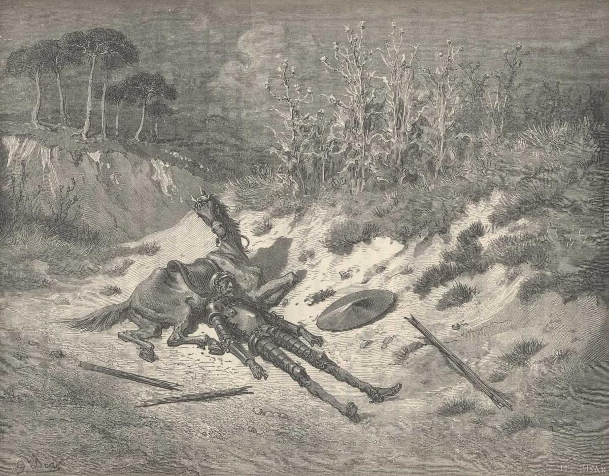 Pedro Alonso auxilia a Don Quijote caído, escena de reconocimiento vecinal. Se usa como referencia visual del mismo capítulo, no como representación exacta de esta escena.