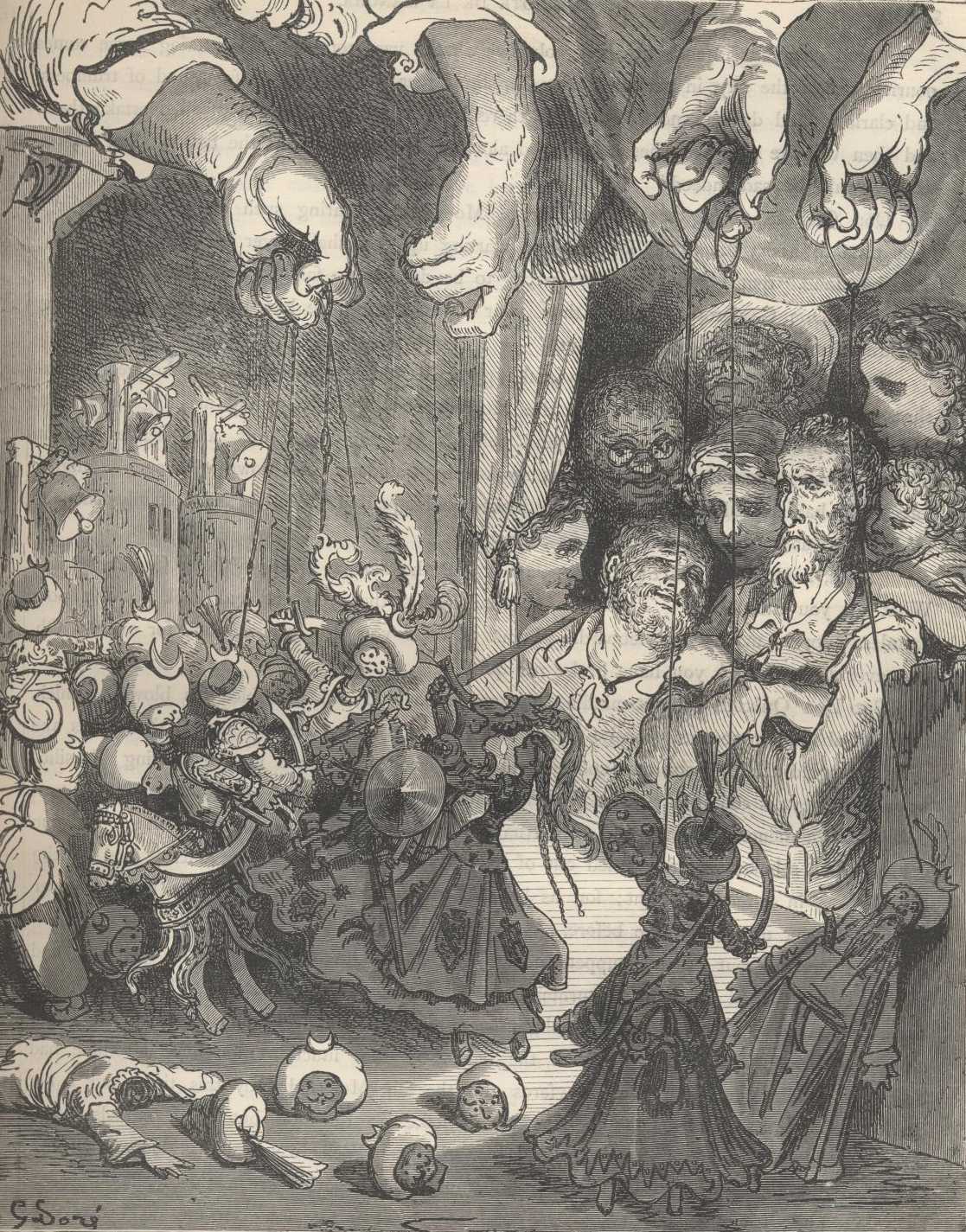 Grabado de Gustave Doré con Don Quijote ante un teatro de marionetas, rodeado de figuras y espectadores.