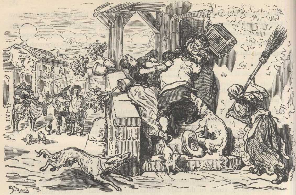 Sancho Panza intenta entrar mientras la sobrina y el ama le cierran el paso.