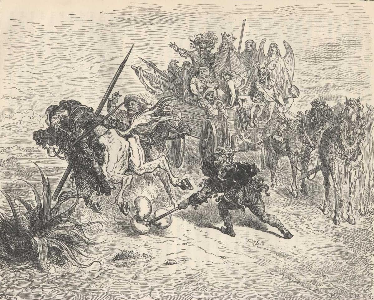 Un actor disfrazado monta el rucio de Sancho mientras Don Quijote y Rocinante quedan caídos.