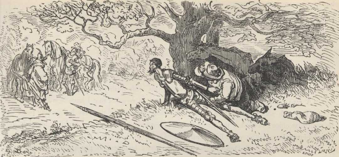 Don Quijote y Sancho descansan bajo árboles mientras conversan en el capítulo XII.