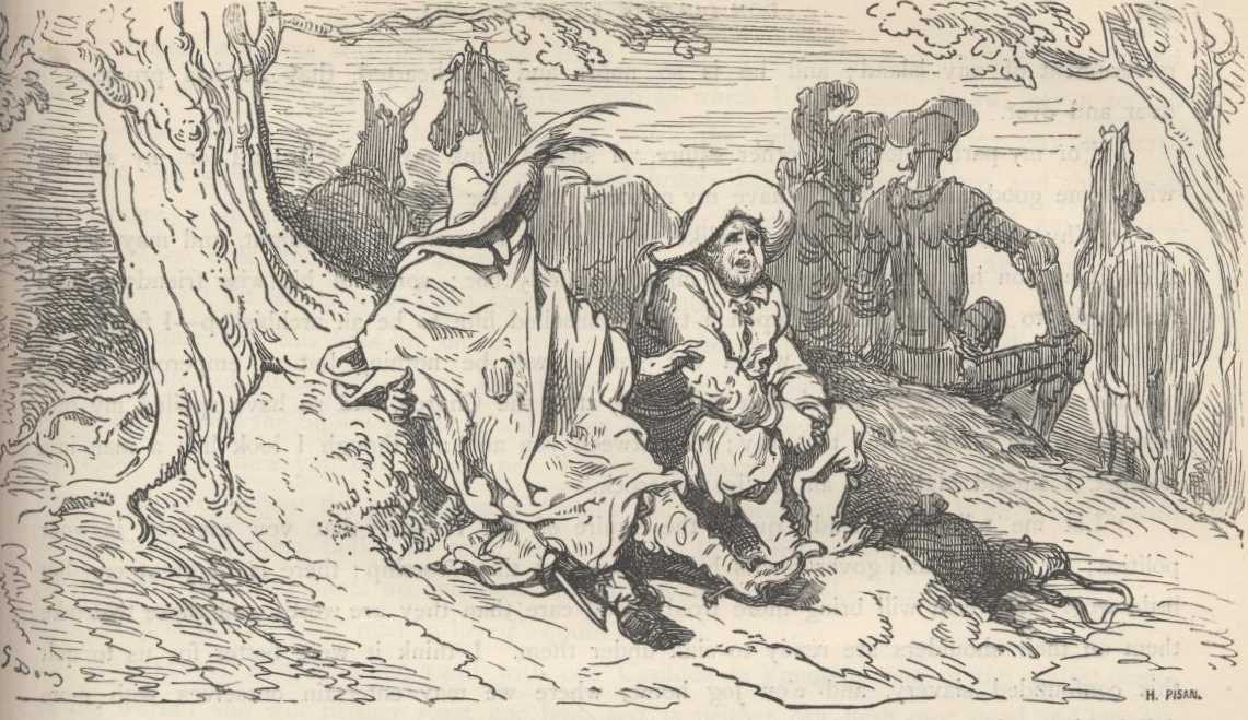 Sancho y el escudero del Bosque hablan sentados durante la noche.