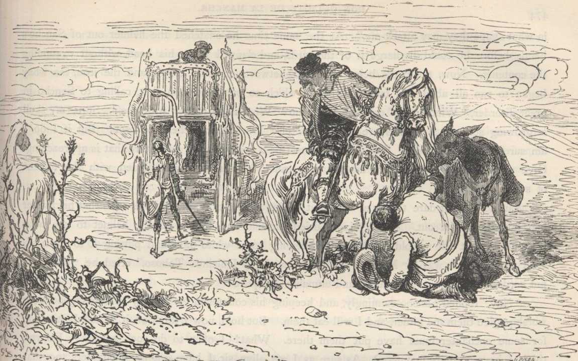Sancho entrega a Don Quijote el yelmo donde ha puesto los requesones del capítulo XVII.