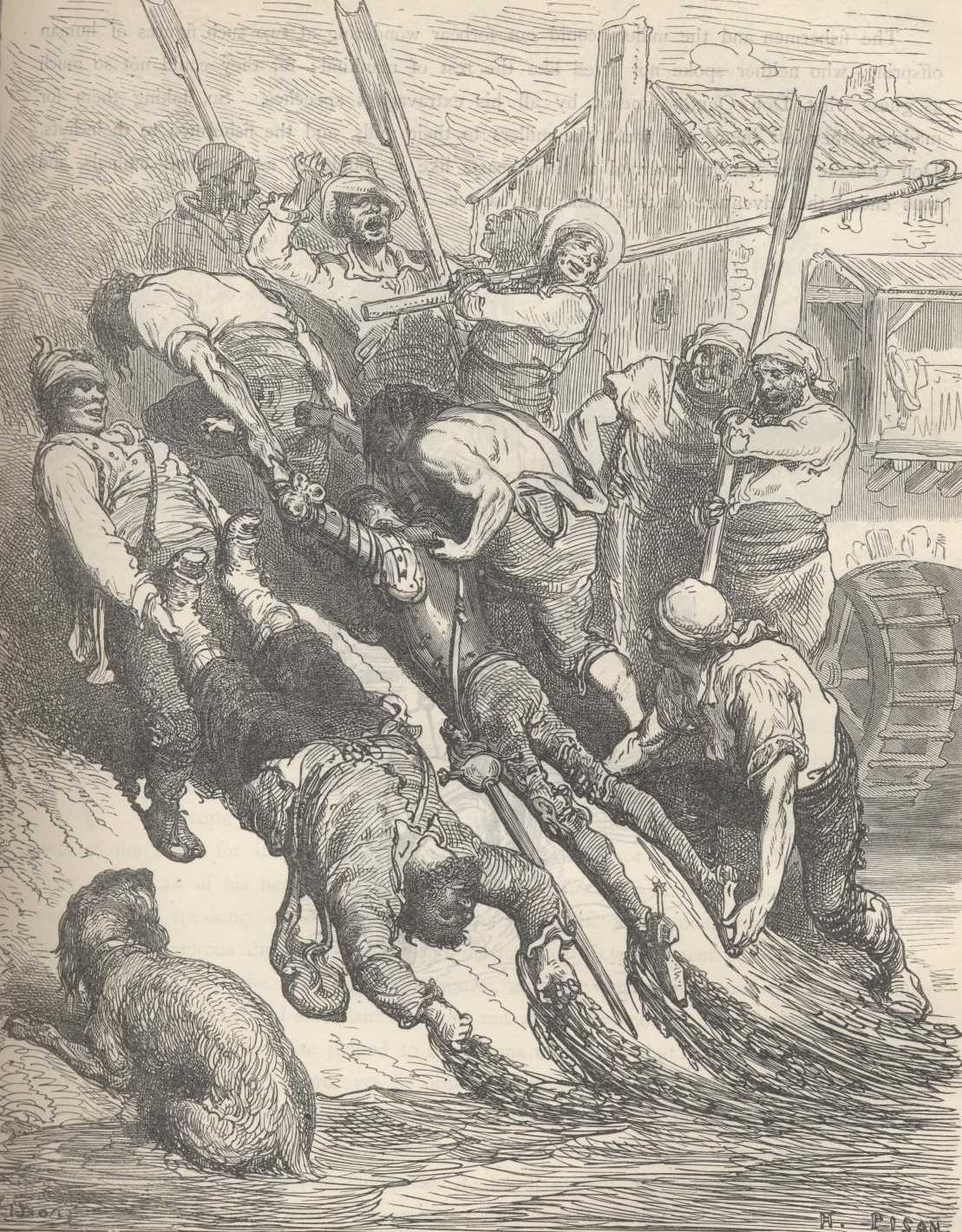 Don Quijote y Sancho son auxiliados junto a los molinos de agua del río.