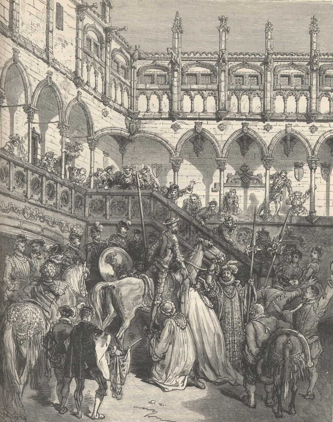 Sancho habla con una dueña en el palacio ducal mientras Don Quijote es recibido con ceremonia.
