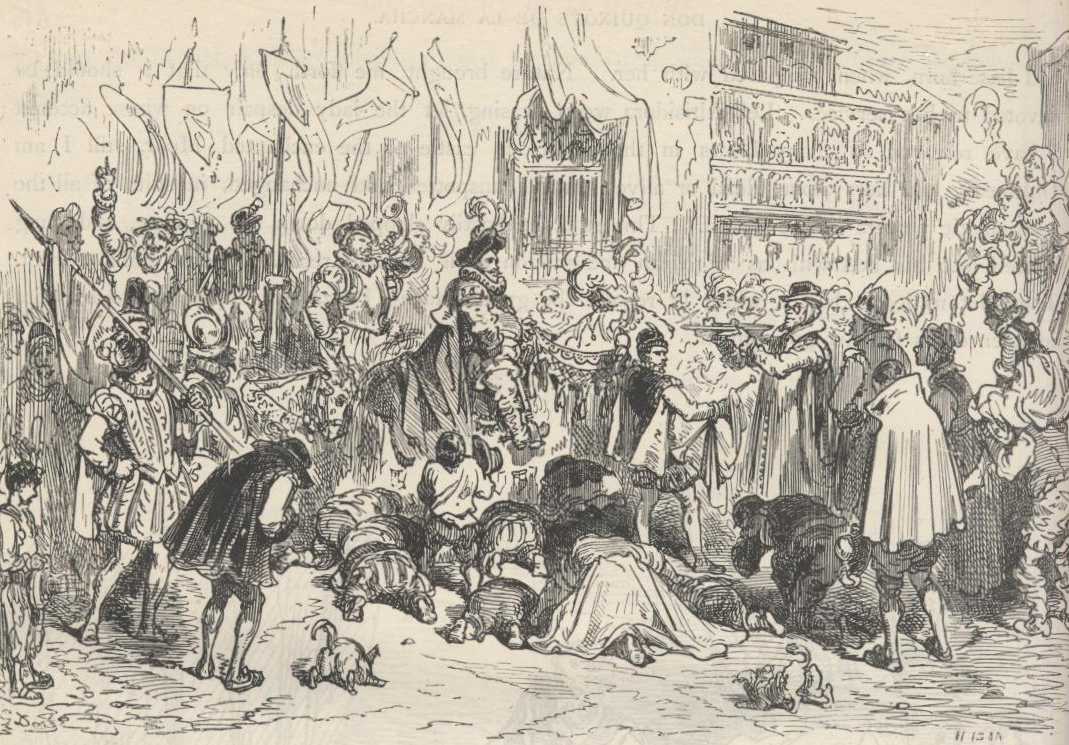 Sancho Panza entra en la escena de su toma de posesión como gobernador de Barataria.