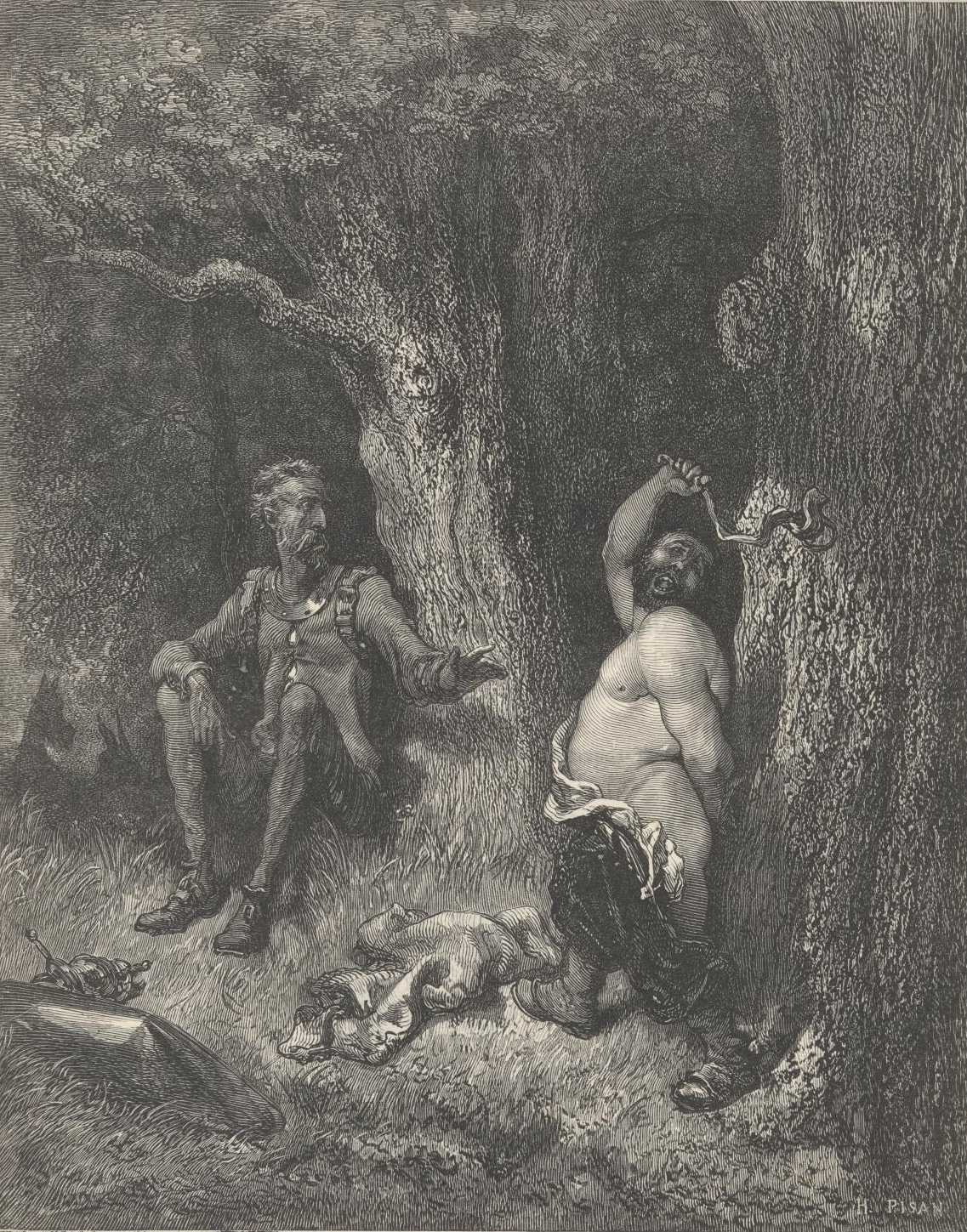 Don Quijote detiene a Sancho junto a los árboles durante la escena de los azotes fingidos del capítulo 71.
